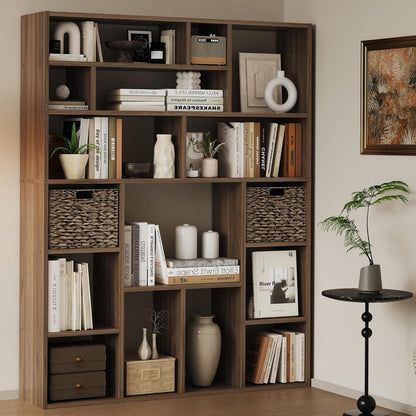 71” Tall Wooden Bookcase 6-Tier Large Bookshelves with 2 Woven Baskets, 55" Wide Floor Standing