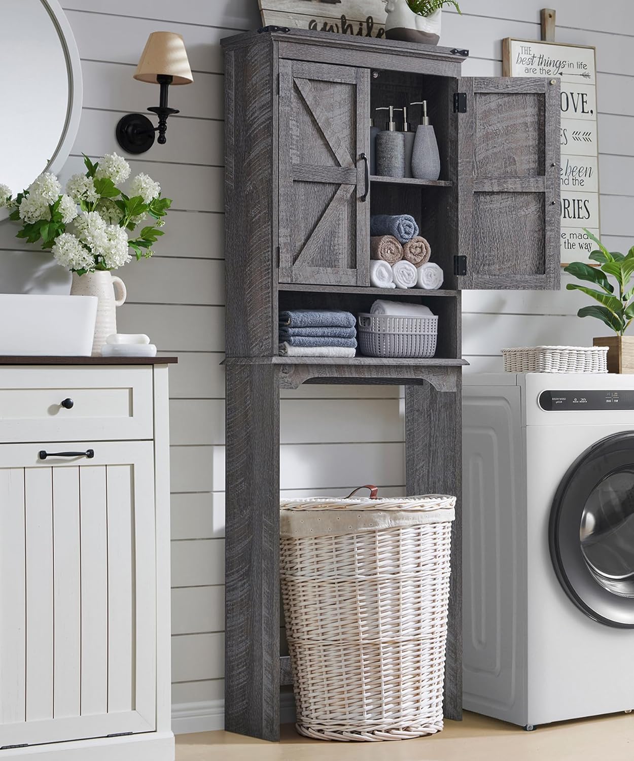 Over The Toilet Storage Cabinet, Farmhouse Bathroom Cabinet with Adjustable Shelf & Barn Door, 67"