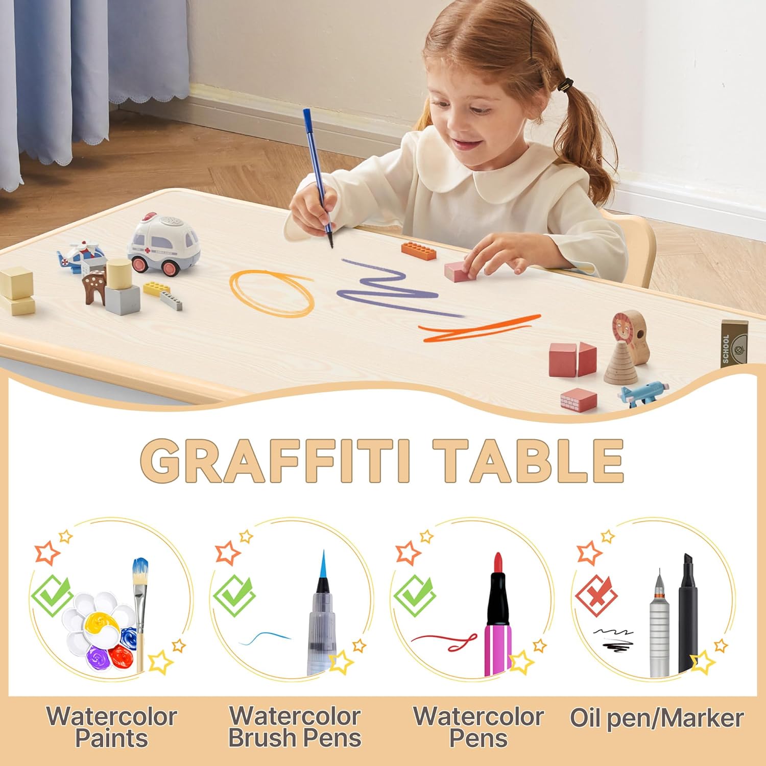 Kids Study Table and Chairs Set, Height Adjustable Toddler Table and Chair Set for Kids Ages 3-8