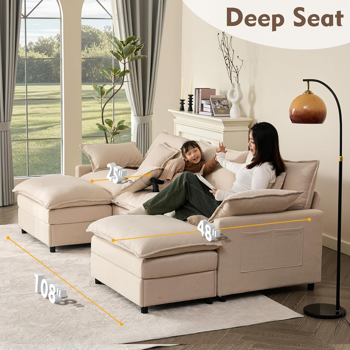 108" U Shaped Couch, Modular Sectional Sofa, 3-Seater Comfy Cloud Couch with Movable Ottoman, Deep