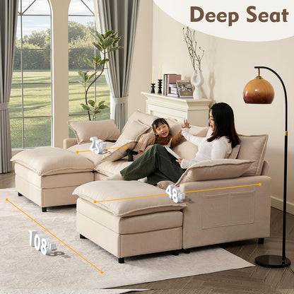 108" U Shaped Couch, Modular Sectional Sofa, 3-Seater Comfy Cloud Couch with Movable Ottoman, Deep