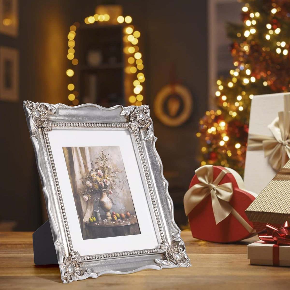 8x10 Vintage Picture Frame with Embossed Flower Design, Silver Ornate Frame for 8x10 or 5x7
