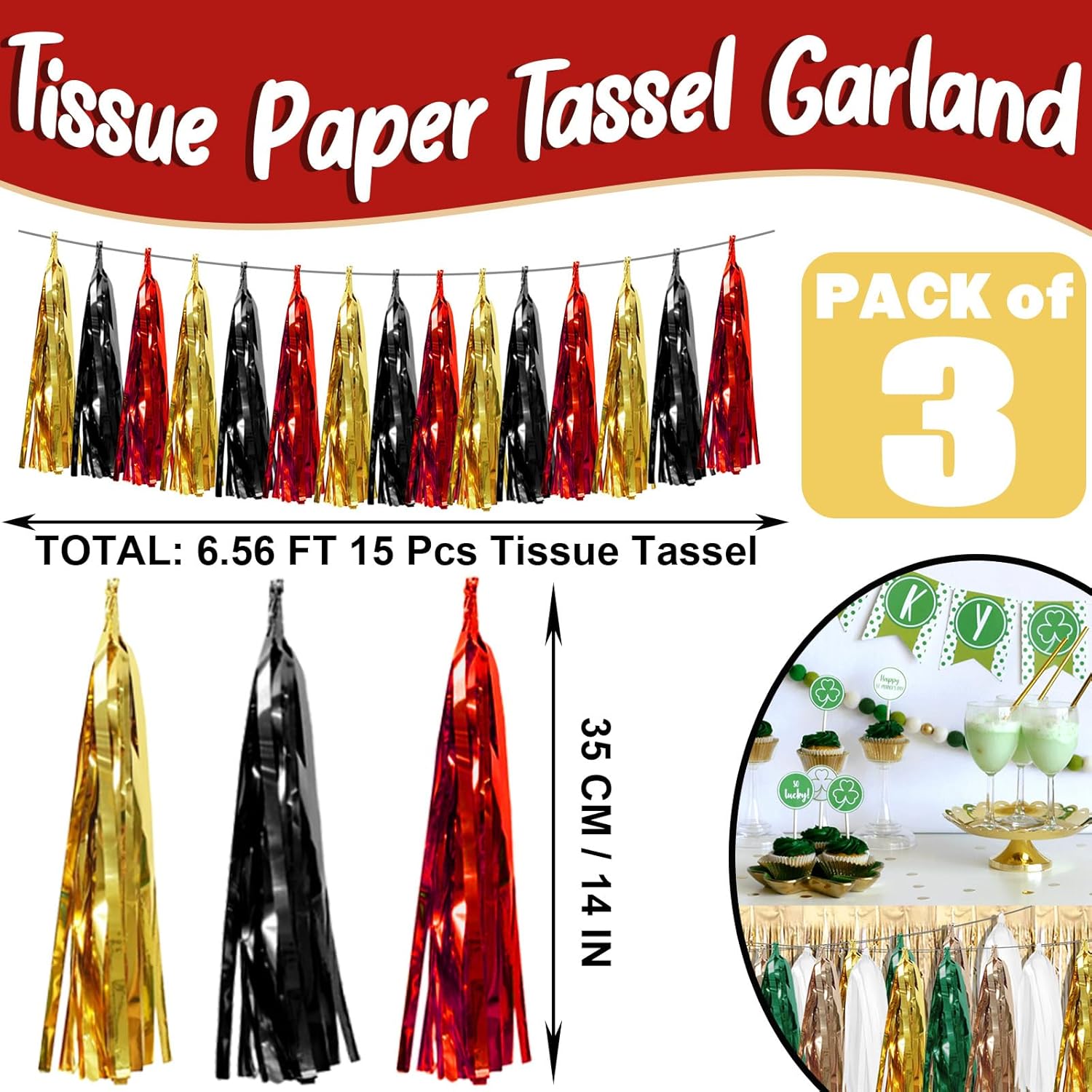 3P Black-Red Gold Foil Fringe Metallic Tassel Garland, Tassels Banner Streamers for Parade Floats