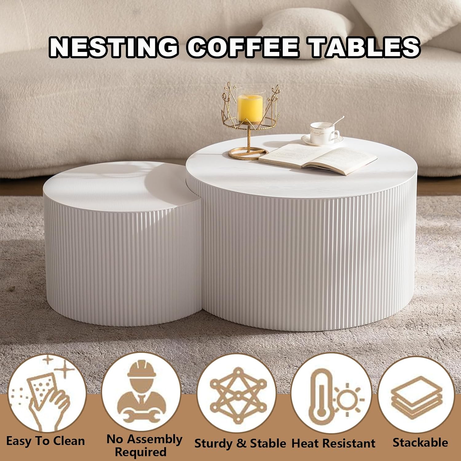 Nesting Coffee Table Set of 2 Modern Handcraft Fluted Coffee and End Table Sets Wooden Drum Small
