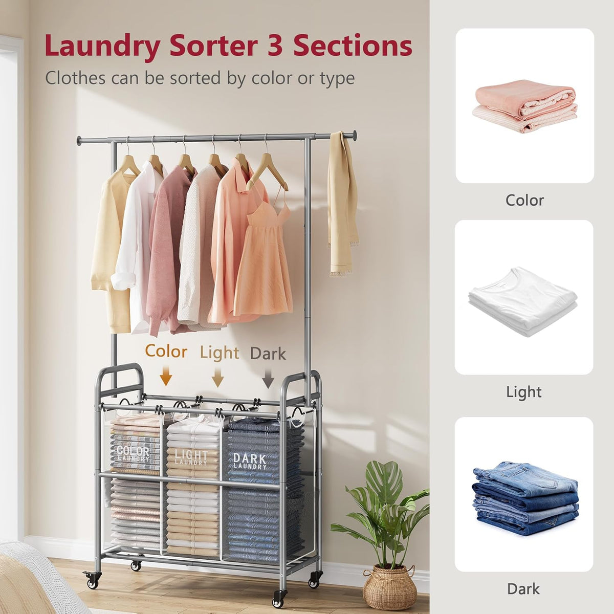 Tajsoon Laundry Sorter with Hanging Bar, 3 Section Rolling Laundry Hamper with Heavy Duty Lockable