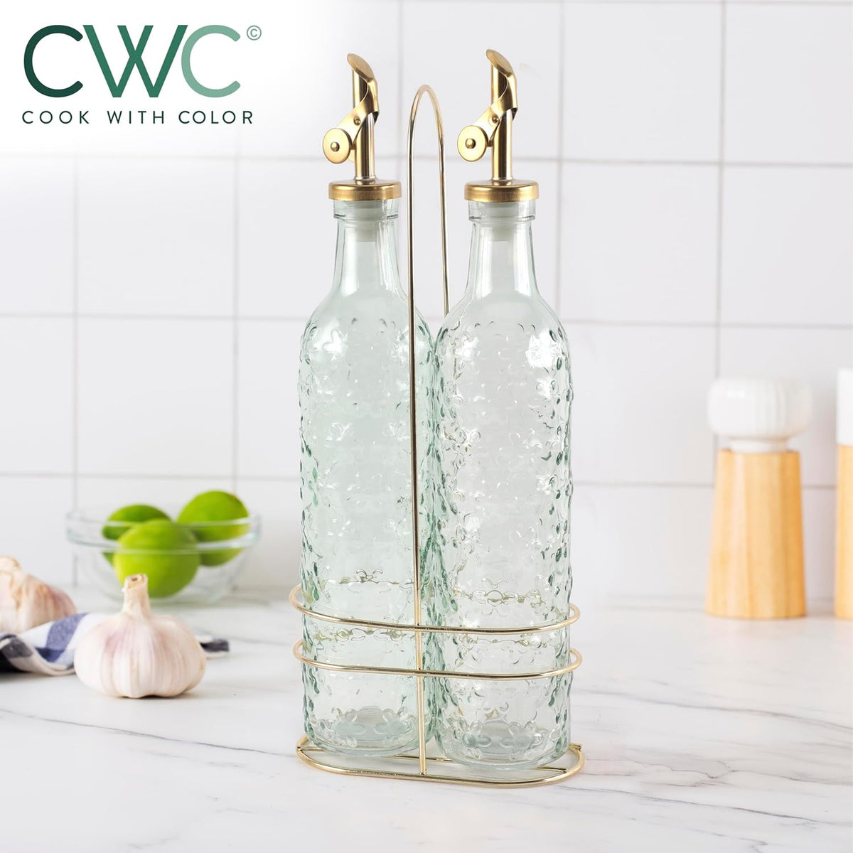 COOK WITH COLOR Glass Olive Oil Bottle Dispenser - 2 Pack- 17oz Oil and Vinegar Cruet - Olive Oil