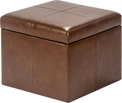 Adeco Storage Ottoman Foot Rest Stool, Leather Ottoman Footstool with Hinged Lid, 17" Small Foot