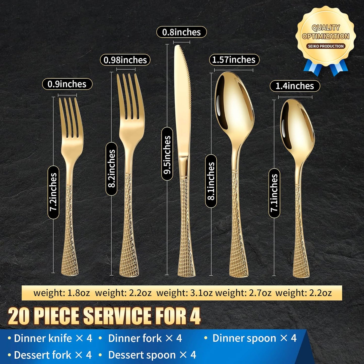 Hammered Gold Silverware Set,20 Piece Modern Flatware Set Service for 4,Mirror Polished Stainless