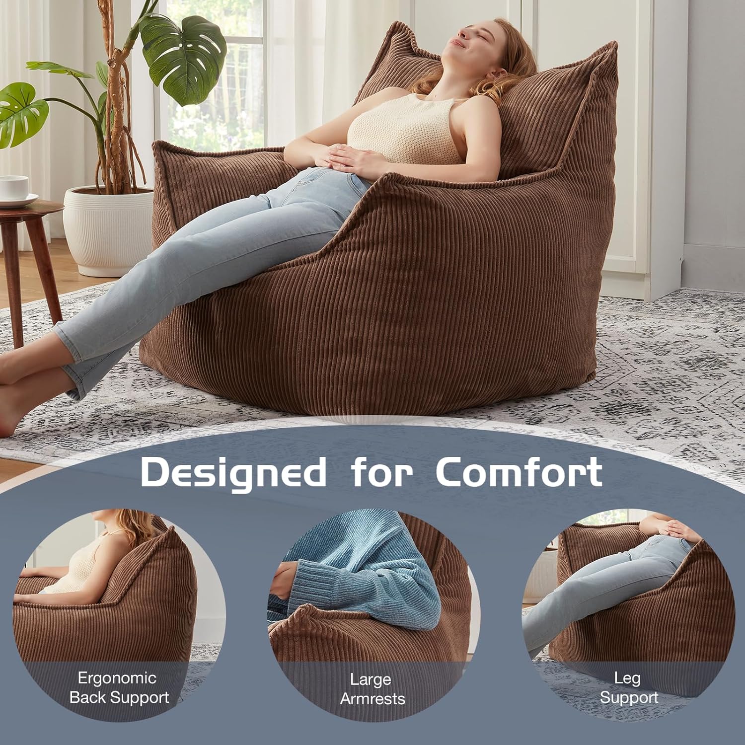 Giant Bean Bag Chair Sofa for Adults Teens, Comfy Corduroy Large Bean Bag Chairs with Armrests for