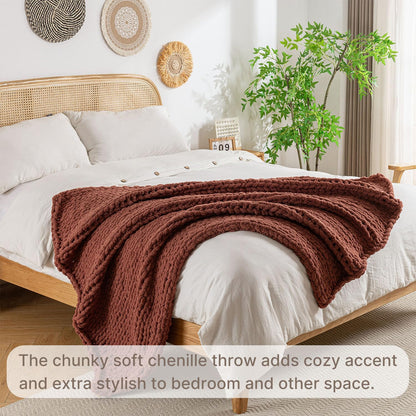 Chunky Knit Blanket Throw, 100% Hand Knit Throw Blanket Handmade Chenille Cable Knit Throw for