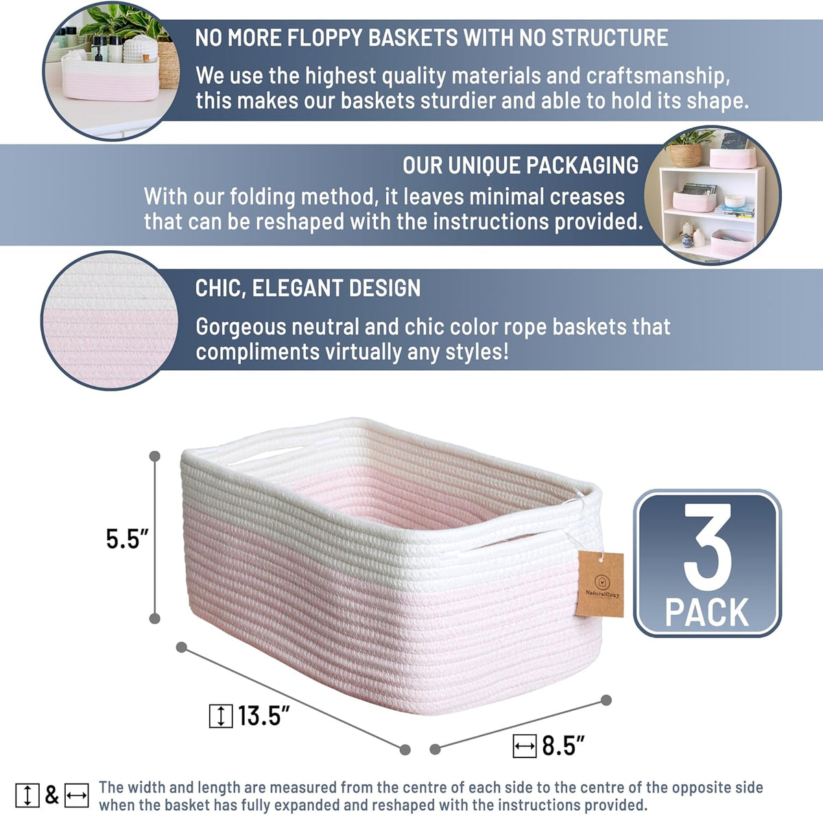 NaturalCozy 13.5”x8.5”x5.5” Rectangle Storage Baskets for Shelves 3 Pack | Cotton Rope Woven Small