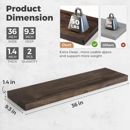 RICHFOCUS Elm Floating Shelves for Wall - 36" W x 9.3" D Rustic Solid Wood Shelves with Invisible