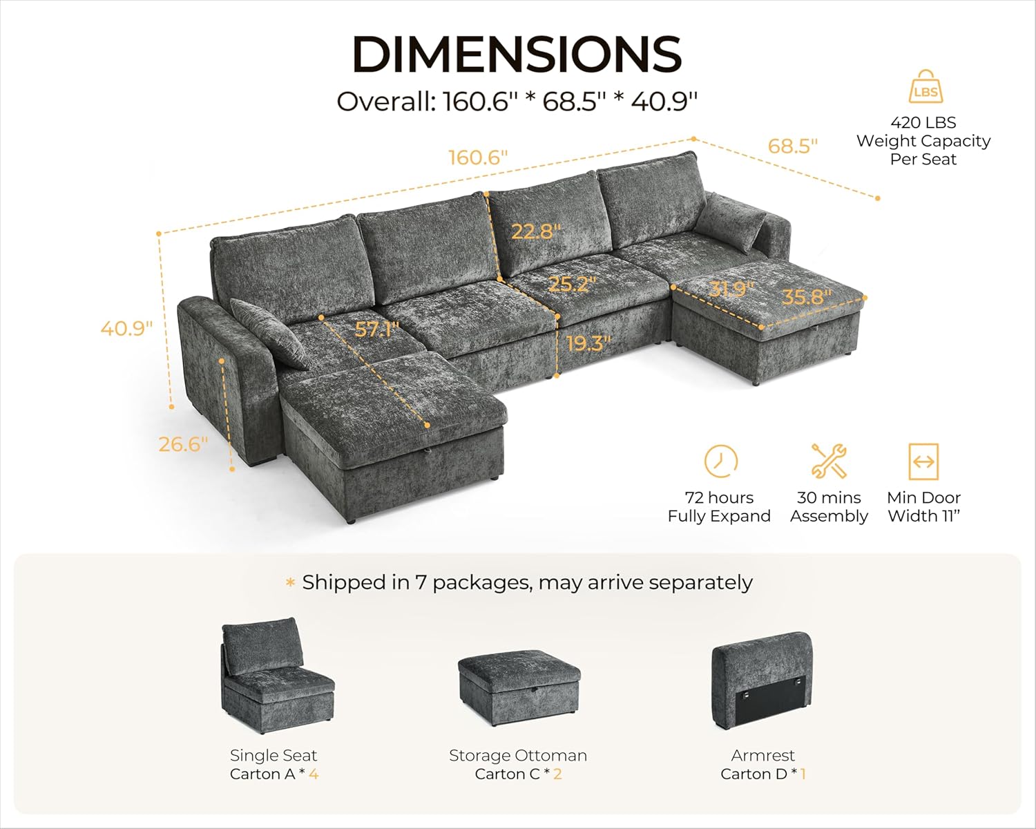 Oversized Modular Sofa Comfy Cloud Couch with Storage, Extra Deep Plush Sectional Sofa Set for
