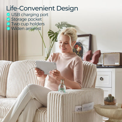 LINSY HOME Loveseat Sofa with Pull Out Couch Chaise: 2-in-1 Convertible 2 Seater Sofa with USB