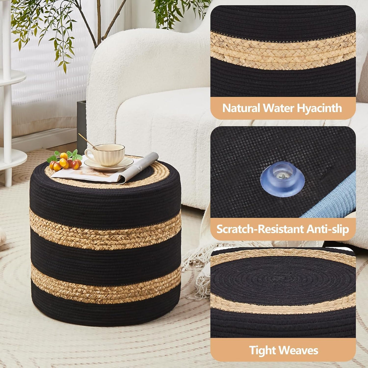 Wimarsbon 18'' Ottoman Pouf, Natural Braided Poof, Rustic Handweave Lounge Pouffe, Boho Footrest