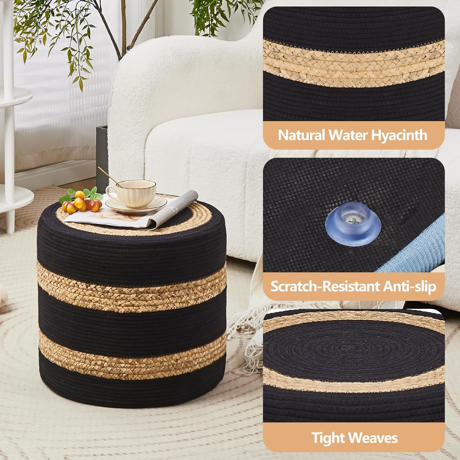 Wimarsbon 18'' Ottoman Pouf, Natural Braided Poof, Rustic Handweave Lounge Pouffe, Boho Footrest