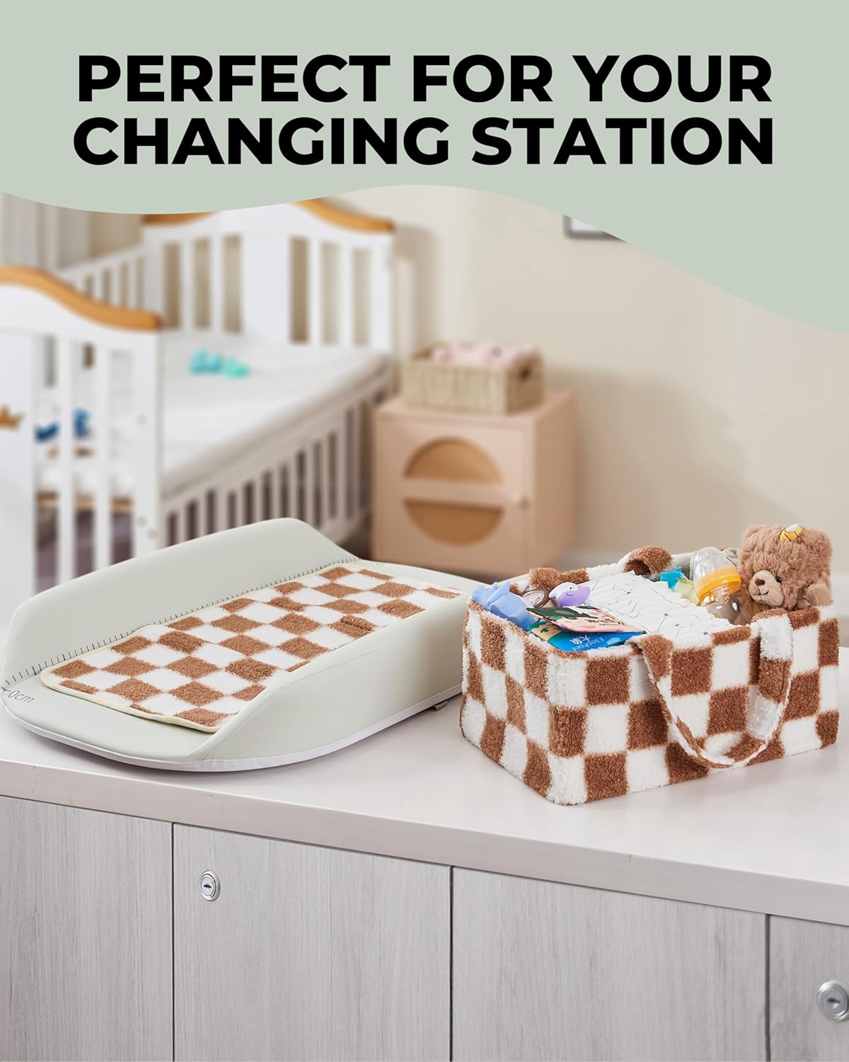 Checkered Diaper Caddy Organizer with Portable Changing Mat - Teddy Fleece Diaper Organizer for