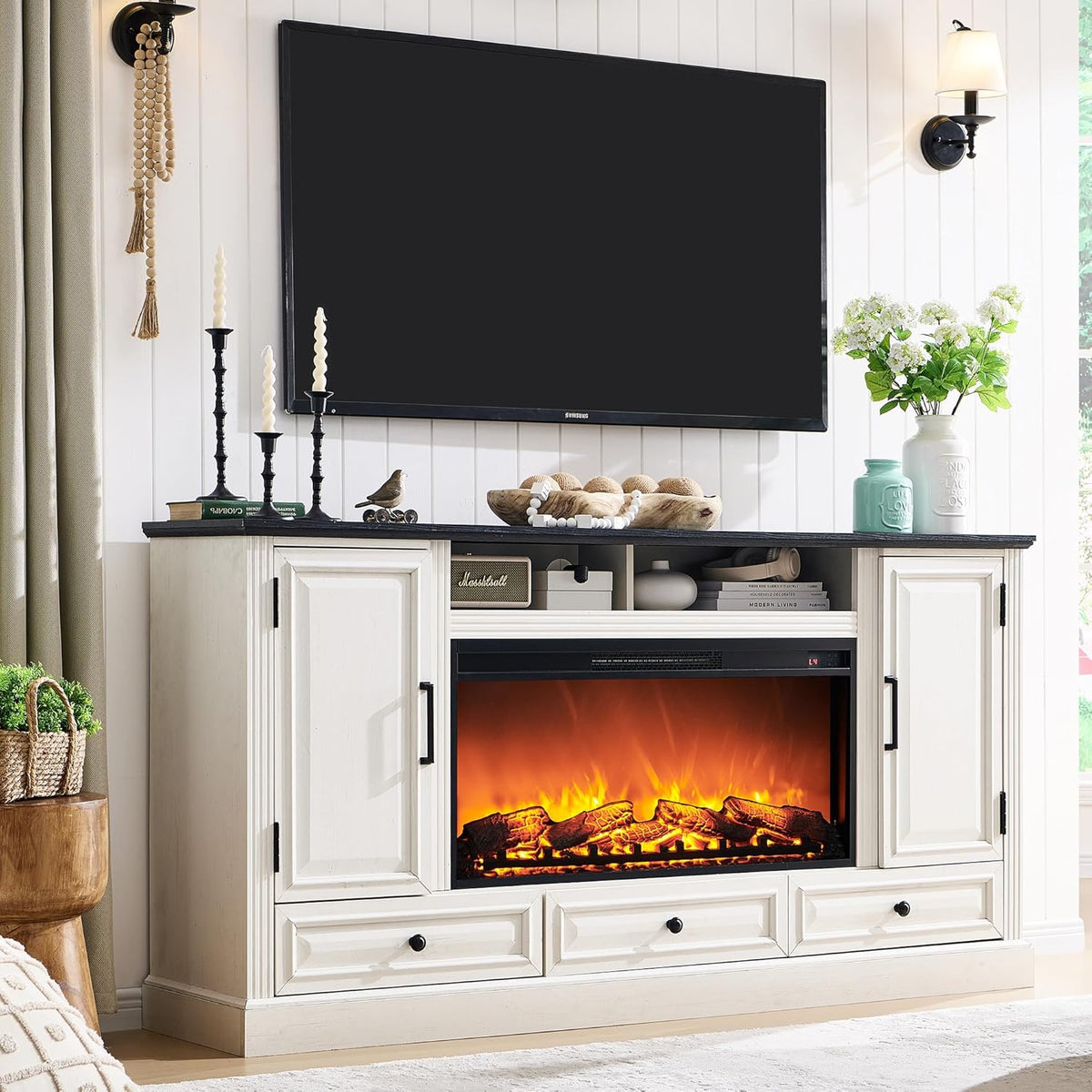 Fireplace TV Stand for 80 Inch TV, 35.7" Tall Farmhouse Entertainment Center W/36'' Electric