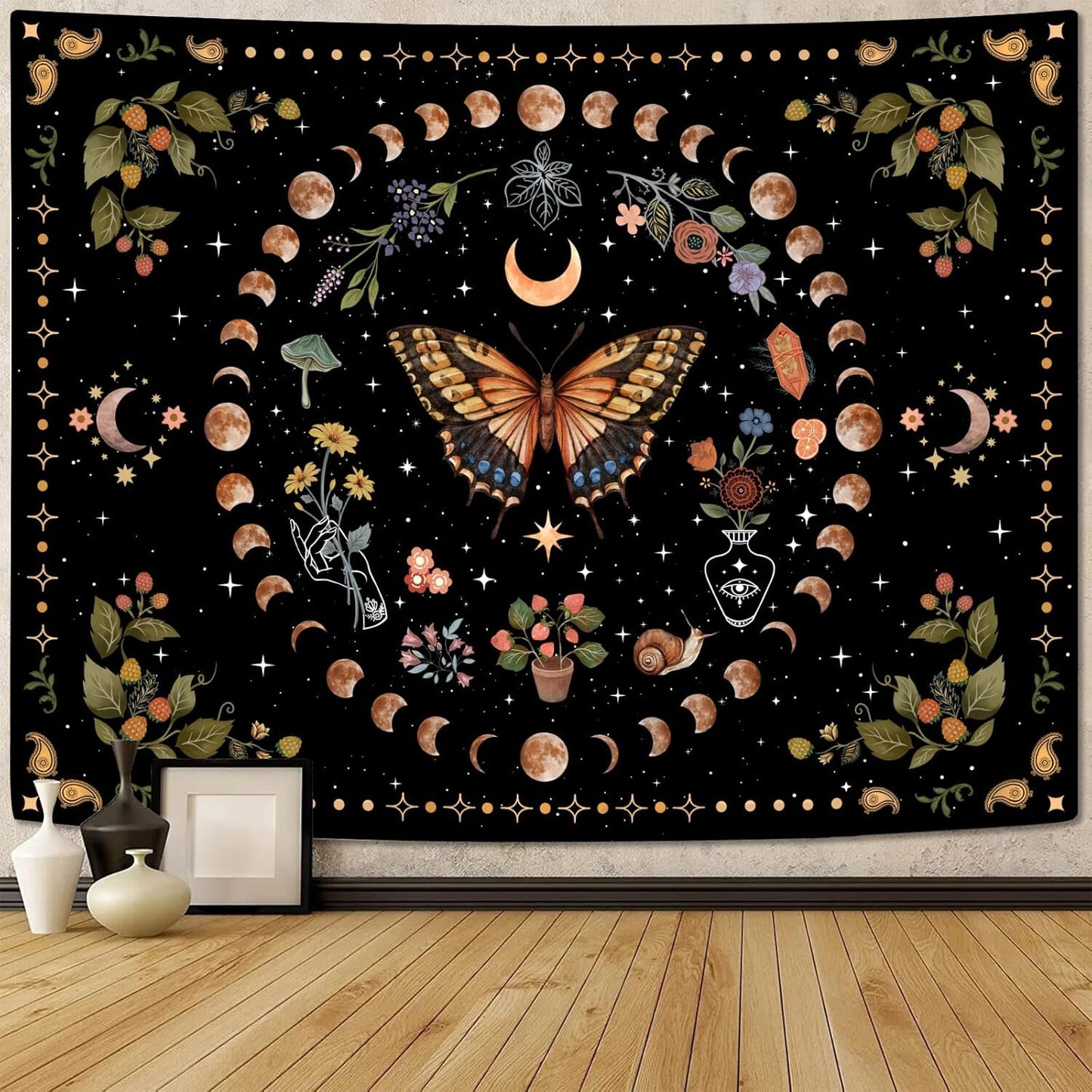 Aipon Yellow Butterfly Moon Flower Tapestry Botanical Floral Plant Boho Tapestry for Bedroom
