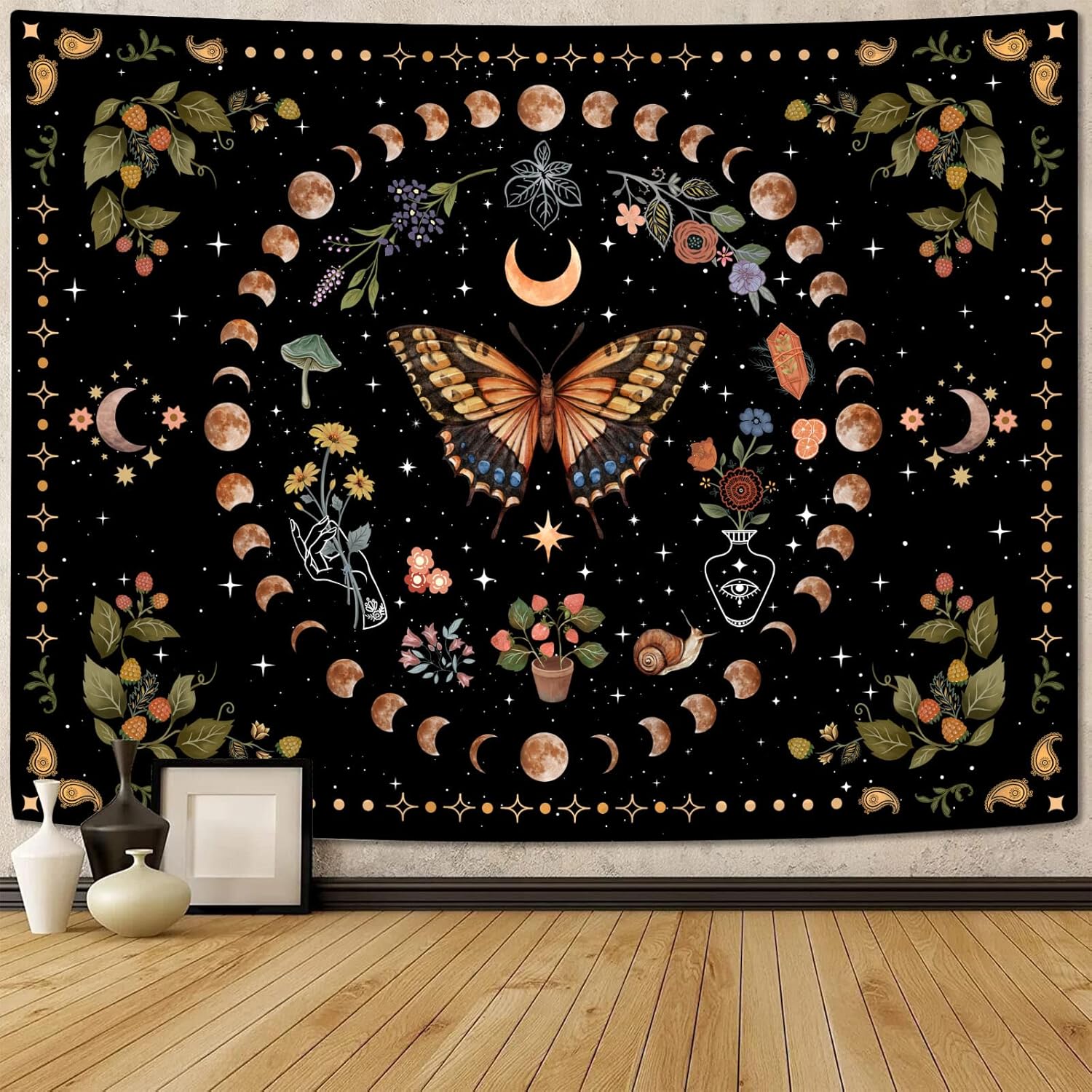 Aipon Yellow Butterfly Moon Flower Tapestry Botanical Floral Plant Boho Tapestry for Bedroom