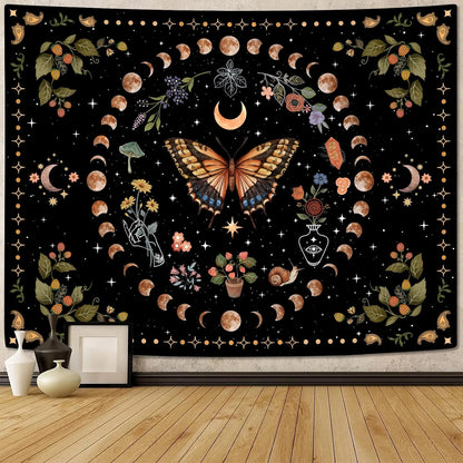 Aipon Yellow Butterfly Moon Flower Tapestry Botanical Floral Plant Boho Tapestry for Bedroom