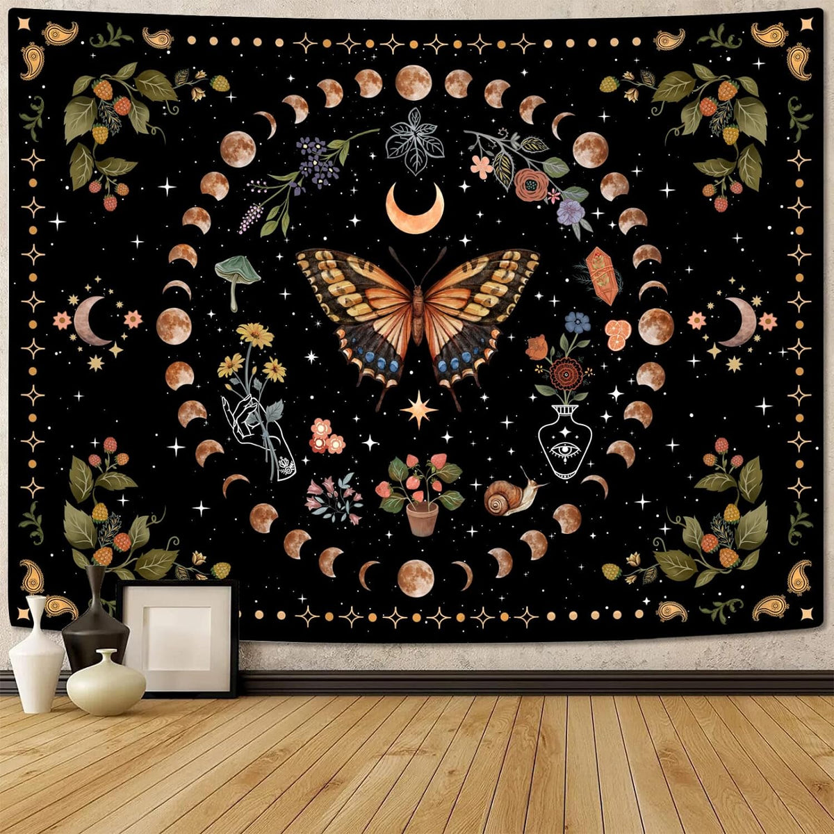Aipon Yellow Butterfly Moon Flower Tapestry Botanical Floral Plant Boho Tapestry for Bedroom