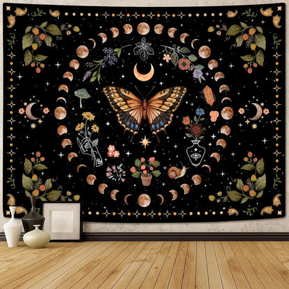 Aipon Yellow Butterfly Moon Flower Tapestry Botanical Floral Plant Boho Tapestry for Bedroom