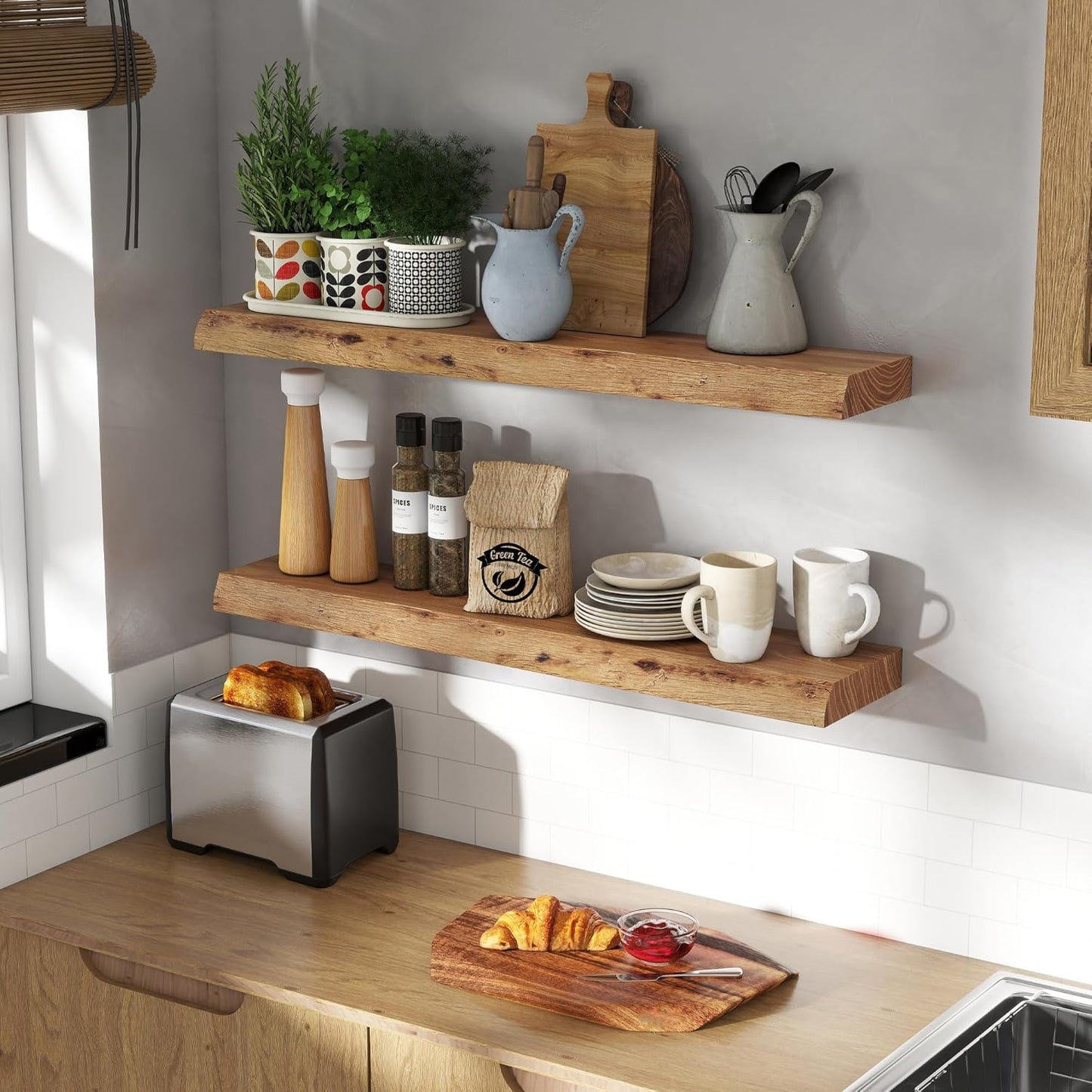 Solid Elm Wood Floating Shelves, 36 Inch Wood Floating Shelves for Wall, Live Edge Wooden Shelves