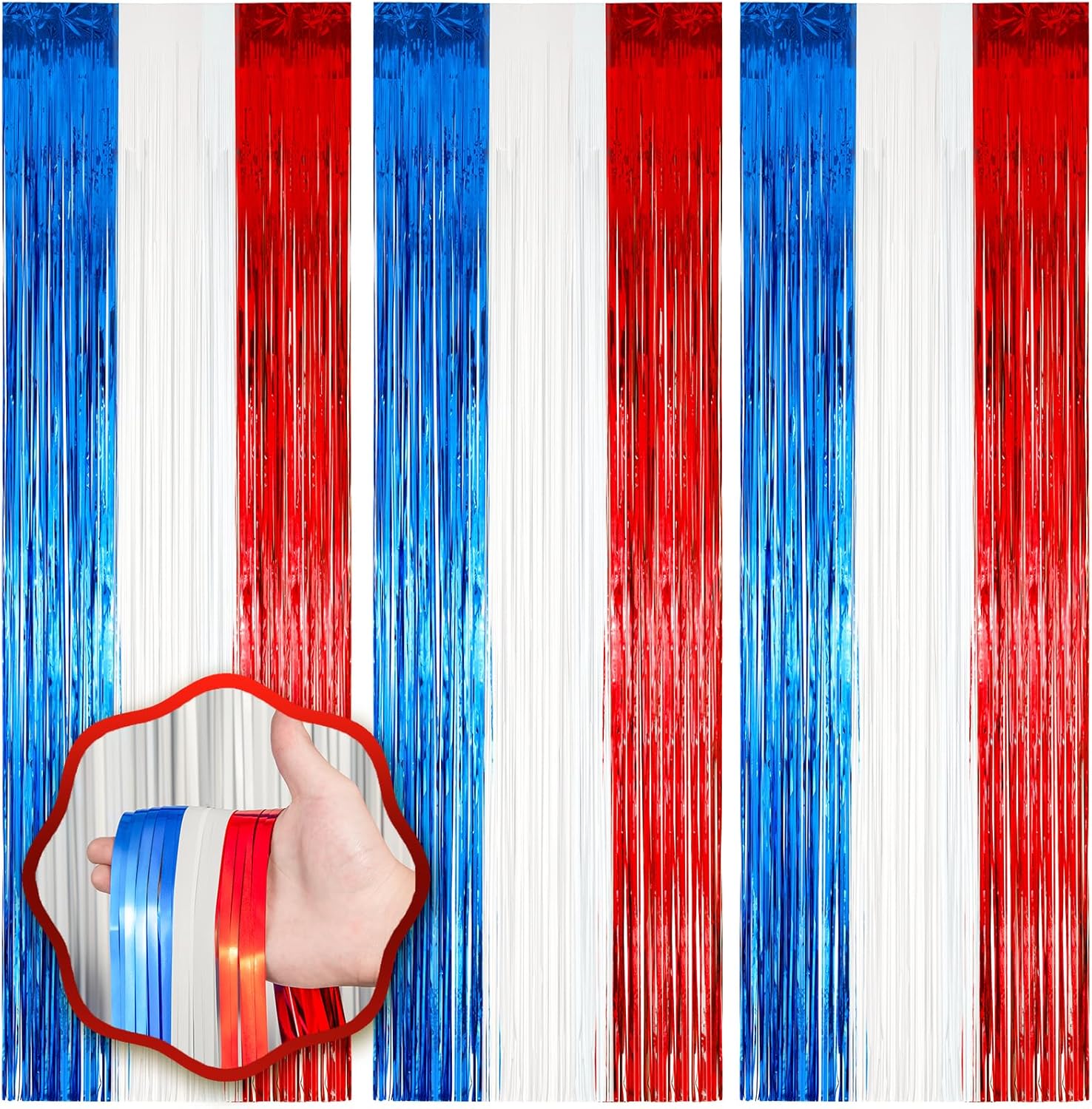 3 Pack 3.3 x 8.2 ft Red White and Blue Foil Fringe Backdrop Curtains, Tinsel Streamers Party