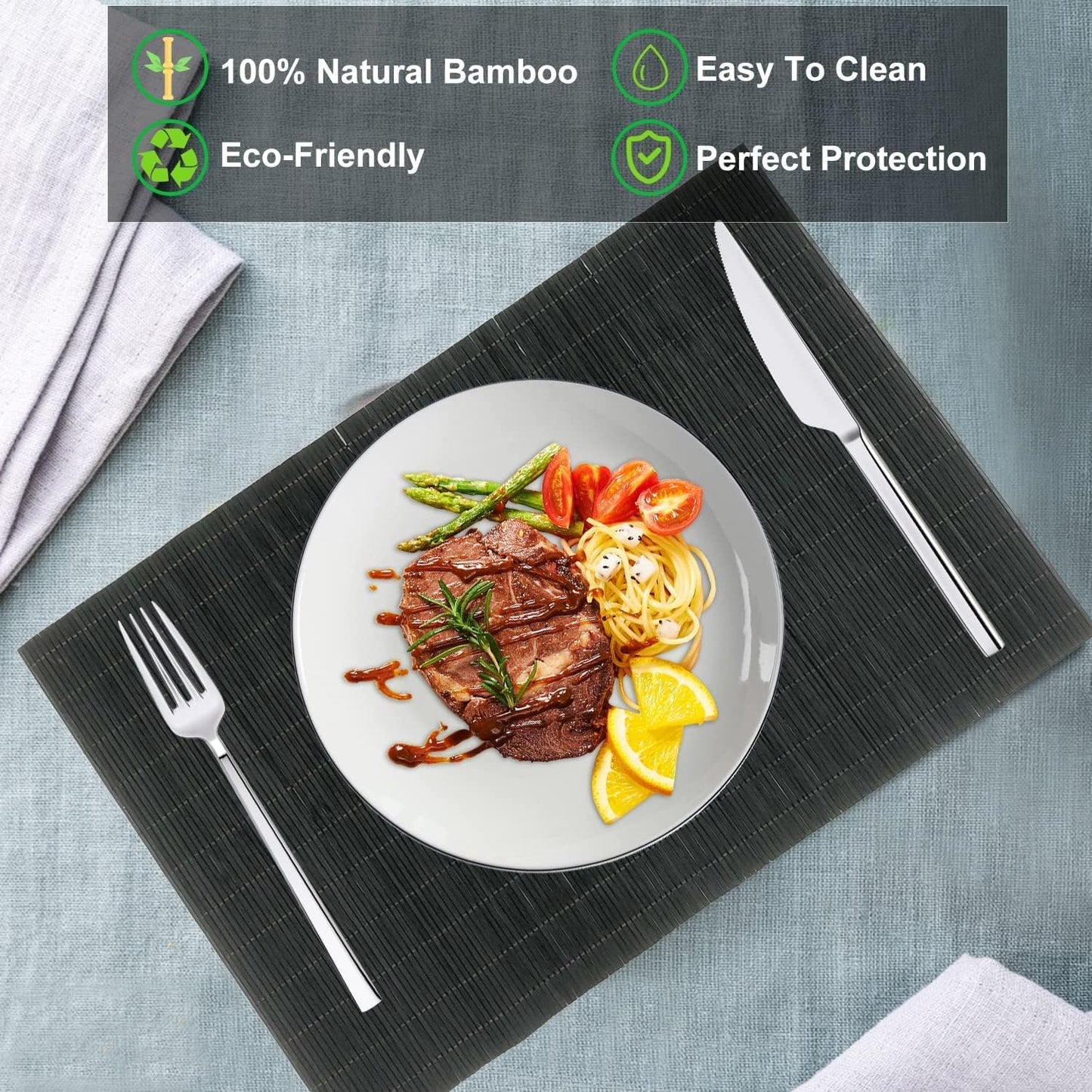 ANDSTAR Set of 12 Pcs Bamboo Placemats - Natural & Brown & Black, Anti-Slip, Heat-Resistant