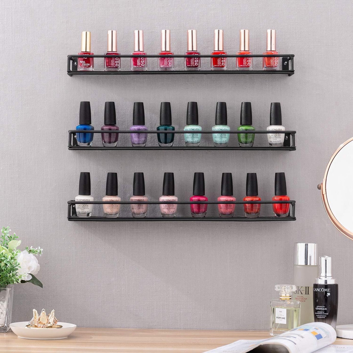 MyGift Set of 3 Wall-Mounted Black Metal Nail Polish and Essential Oils Display Shelves, Kitchen