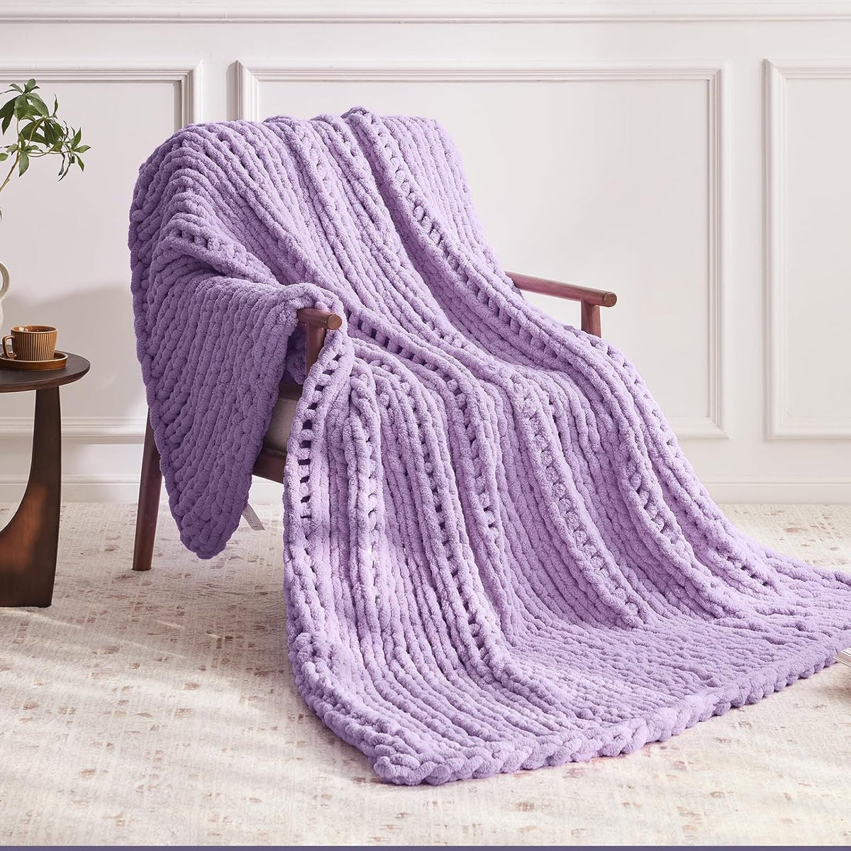 Chunky Knit Throw Blanket, 50''*60'' Knitted Throw Chenille Yarn for Bed Couch, Handmade Light