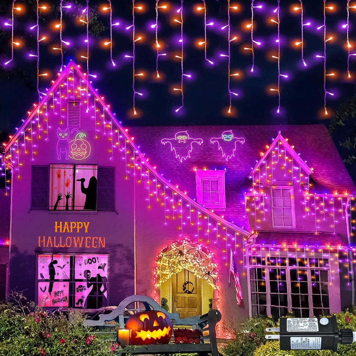 66ft Halloween Lights Outdoor, 640 LED Icicle Lights for Outside, Orange and Purple Twinkle Lights