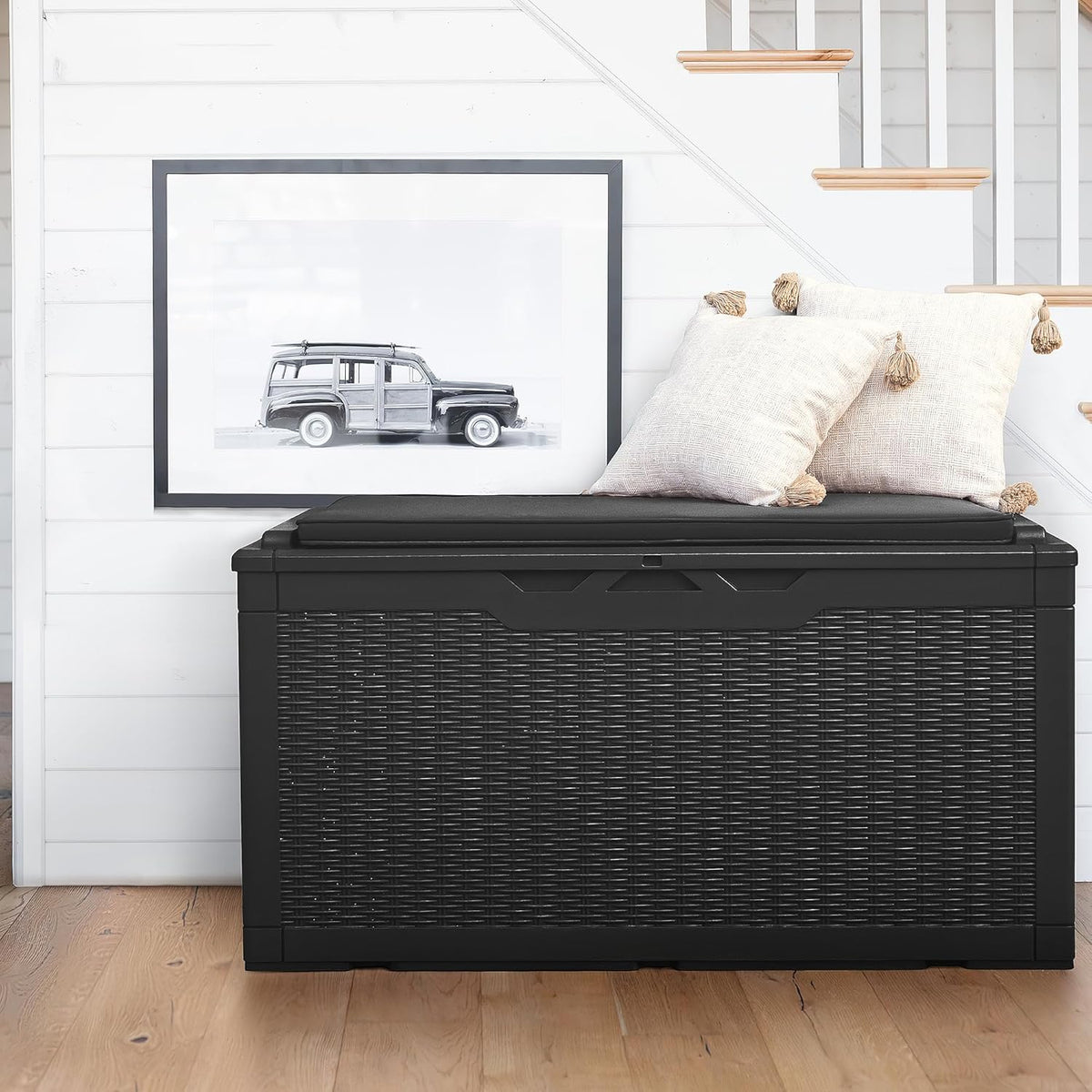 Flamaker Deck Box with Cushion 100 Gallon Waterproof Resin Storage Box with Air Rod Indoor Outdoor