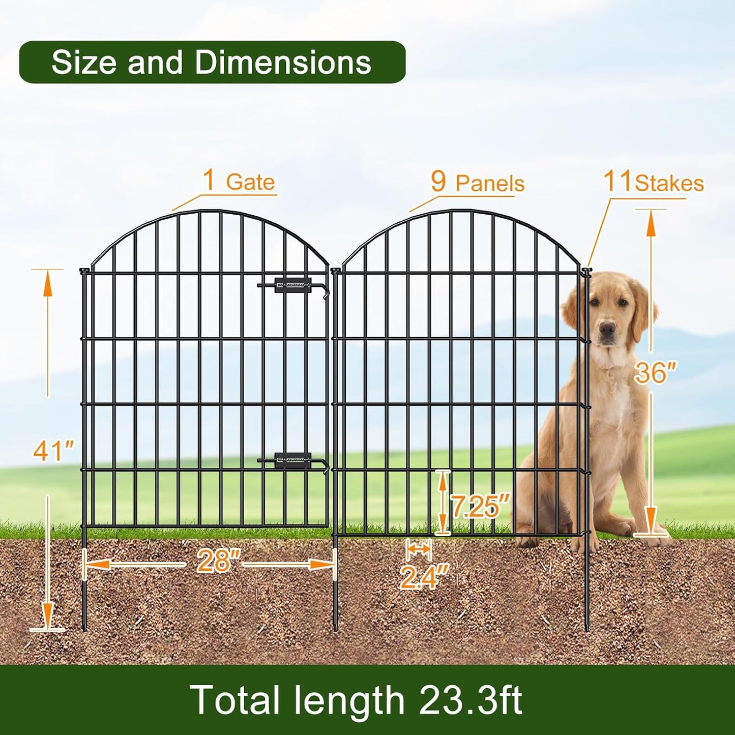 Metal Garden Fence with Gate 36in (H) x 23.3ft (L), 1 Gate+ 9 Panels Dog Fence Border Fence Animal
