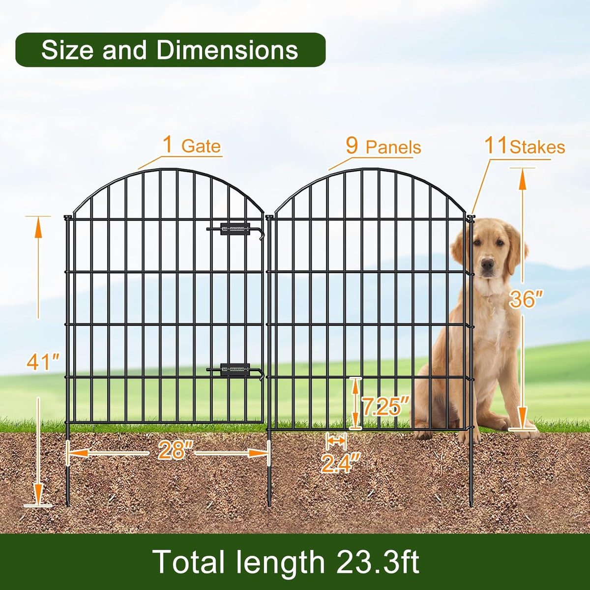 Metal Garden Fence with Gate 36in (H) x 23.3ft (L), 1 Gate+ 9 Panels Dog Fence Border Fence Animal