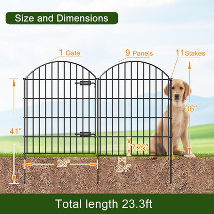 Metal Garden Fence with Gate 36in (H) x 23.3ft (L), 1 Gate+ 9 Panels Dog Fence Border Fence Animal