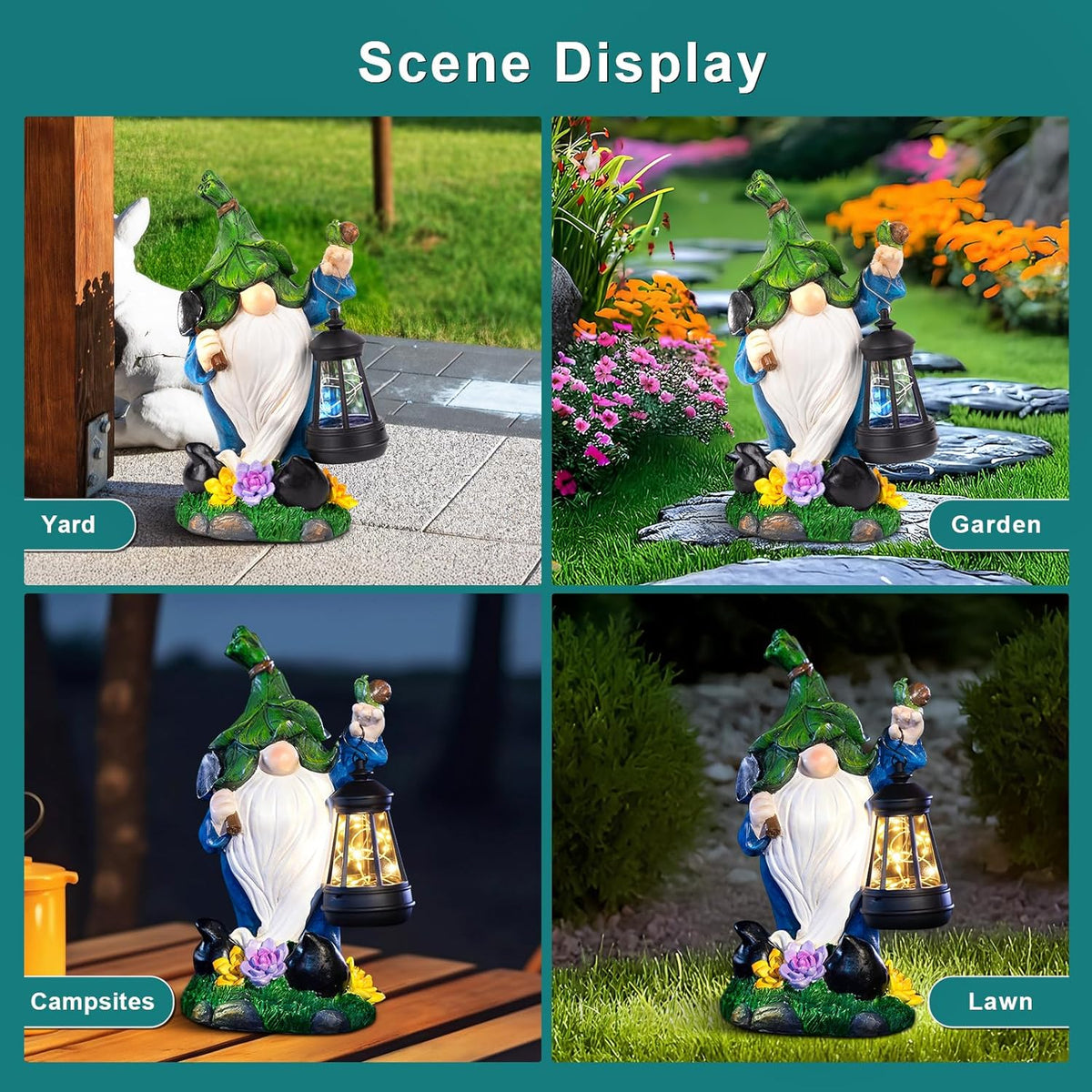 Solar Gnome Garden Figurine Yard Lights with Solar Lights Lantern & Shovel - Outdoor Yard Art Lawn