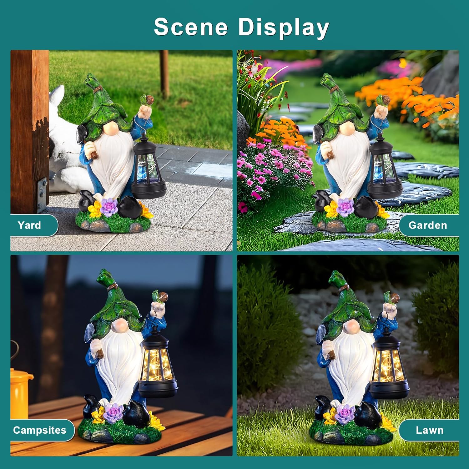 Solar Gnome Garden Figurine Yard Lights with Solar Lights Lantern & Shovel - Outdoor Yard Art Lawn