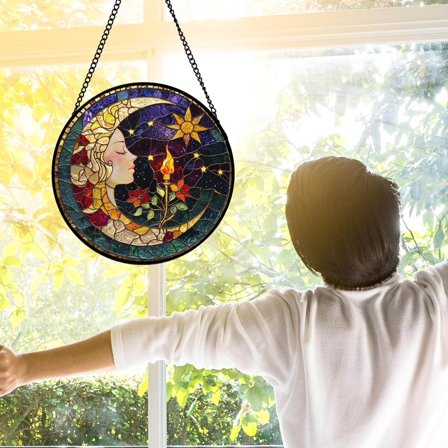 Stained Glass Window Hanging, Moon Goddess Torch Suncatcher Diamond Glass Panel Hangings Dream Sun