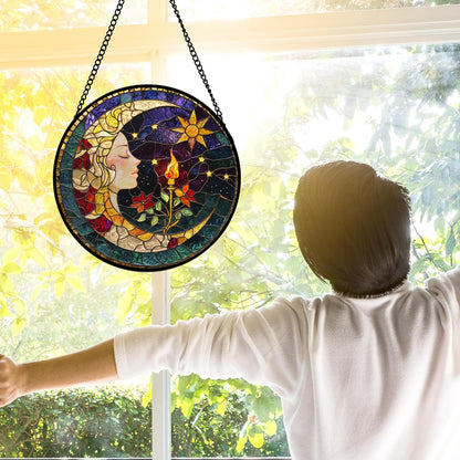 Stained Glass Window Hanging, Moon Goddess Torch Suncatcher Diamond Glass Panel Hangings Dream Sun