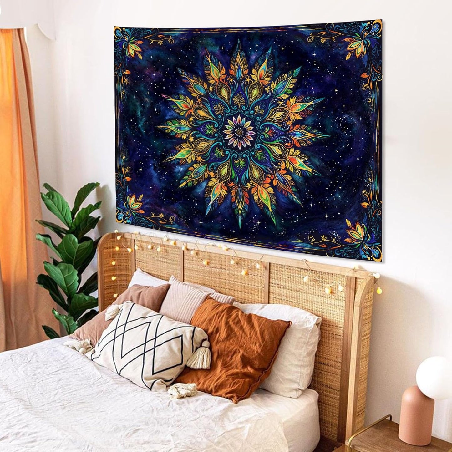 Fowocu Boho Floral Mandala Tapestry for Bedroom Aesthetic Blue Bohemian Colorful Flower Wall