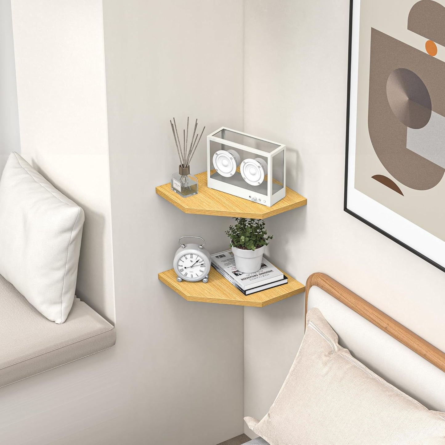 Corner Shelf Wall Mount, Floating Corner Shelves, Set of 2 Corner Wall Shelf Organizer, Rustic Wood