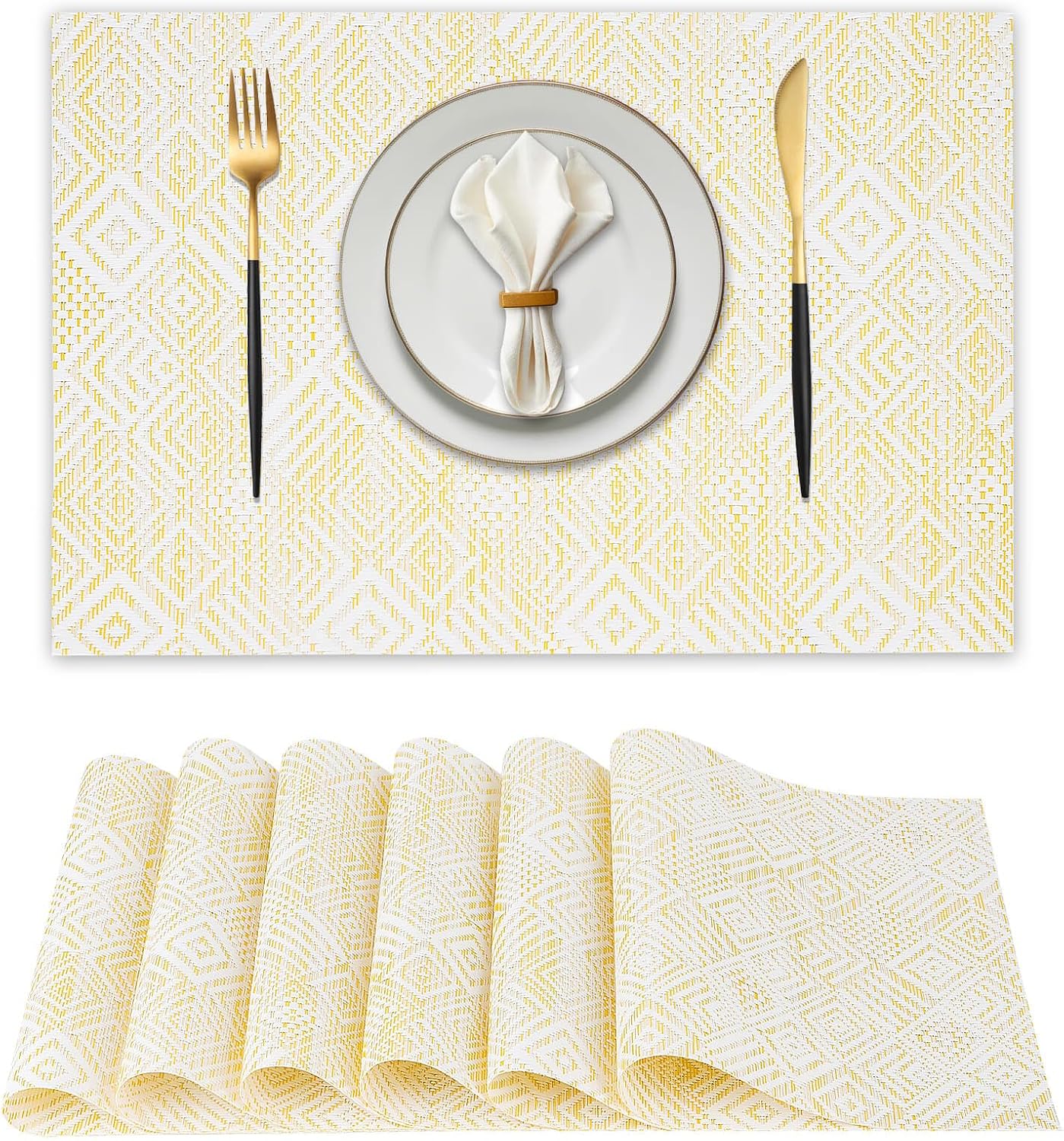 Vinyl Plastic Placemats Set of 6 Washable Heat Resistant Non-Slip Elegant Indoor Outdoor Kitchen