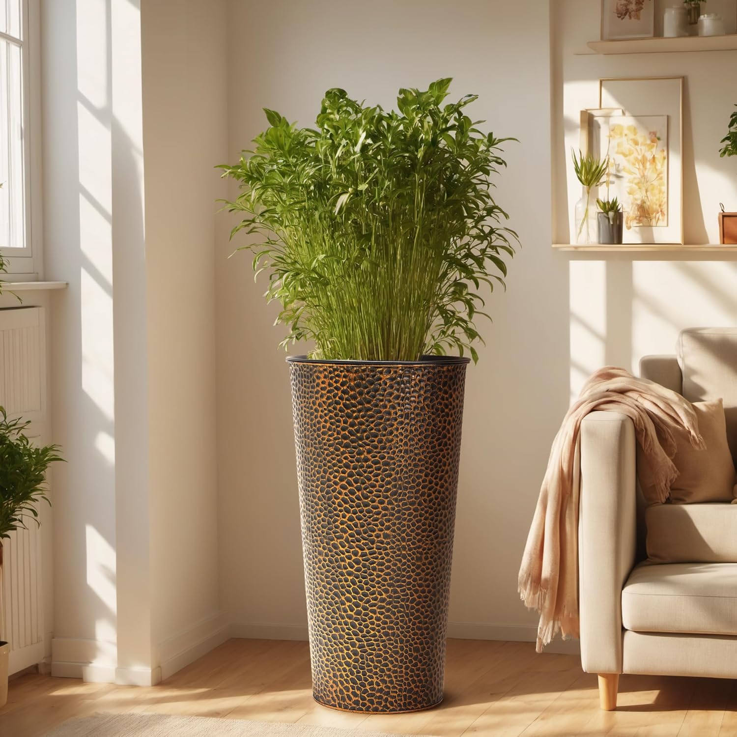 KOL 25" H. Metal Hand-Hammered Planters with Inner Pots 2-Pack, Bronze Decor Planter for Deck