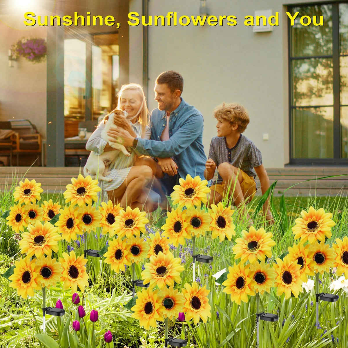 Outdoor Solar Garden Stake Lights,Upgraded LED Solar Powered Light with 3 Sunflower, Waterproof