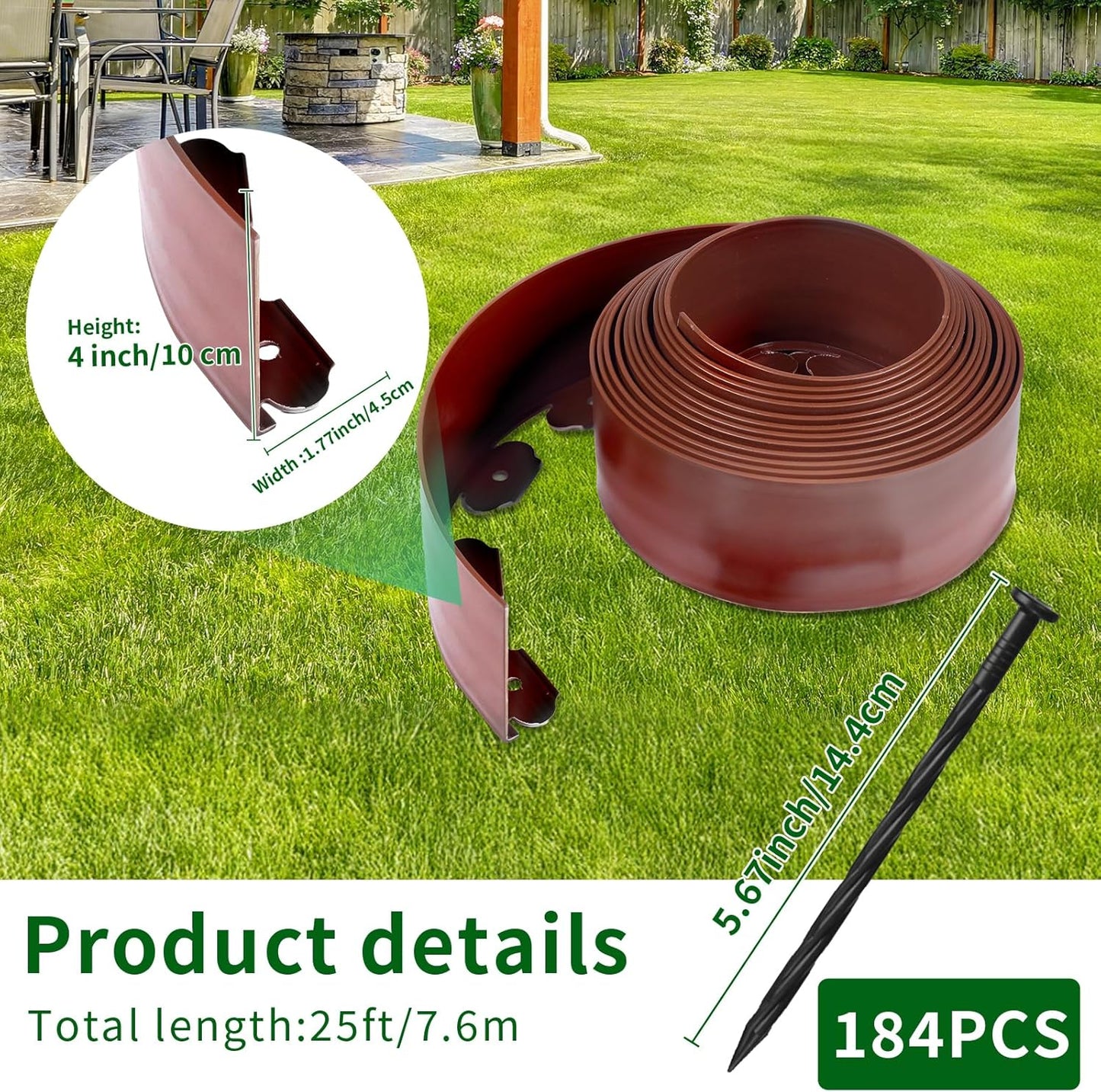4 in x 100 Ft Garden Landscape Edging, No Dig Garden Edging Border Kit with 184 Pcs Spikes for