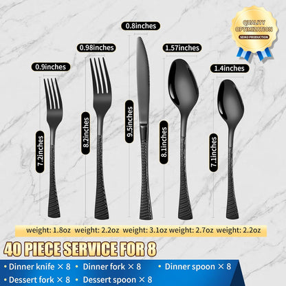Hammered Black Silverware Set for 8,Stainless Steel 40-Piece Modern Cutlery Set,Mirror Polished