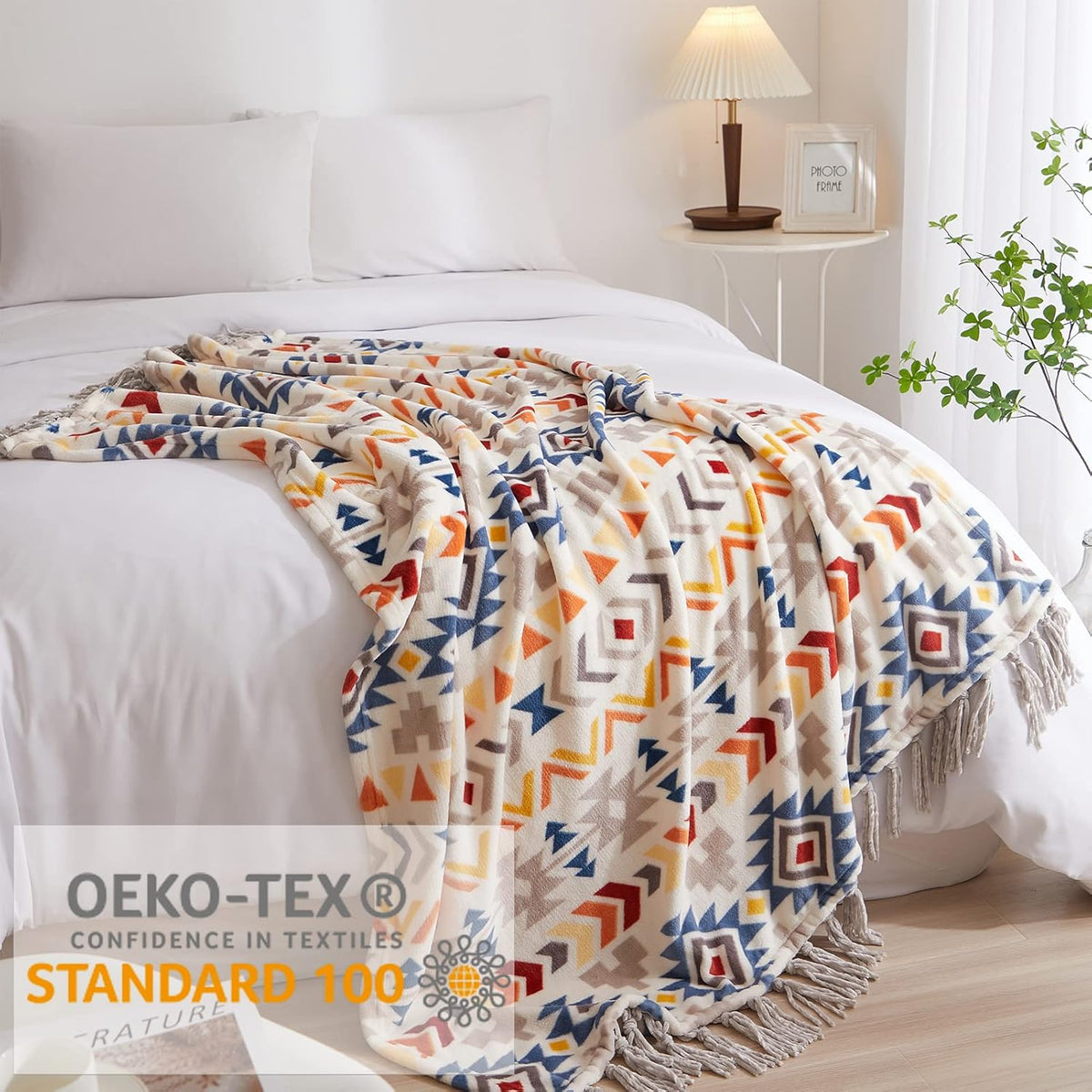 CASAAGUSTO Boho Throw Blanket - Colorful Decorative Blankets with Tassel, Printed Flannel Bohemian