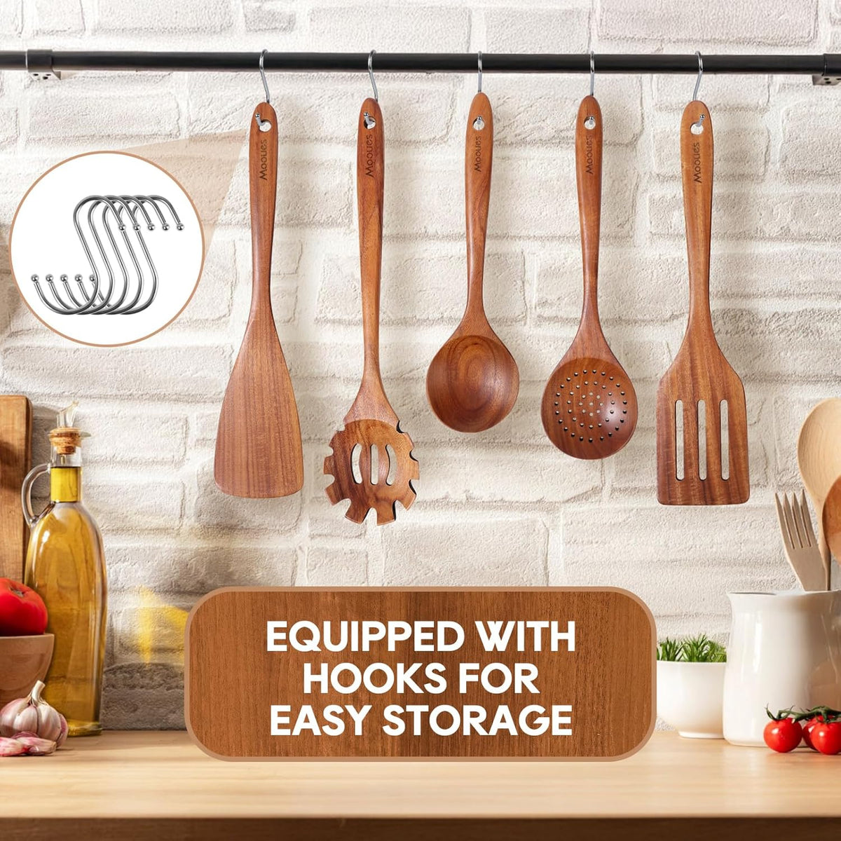 Wooden Spoons for Cooking, 10PCS Teak Wood Cookware Utensil Set with Hooks - Smooth Finish